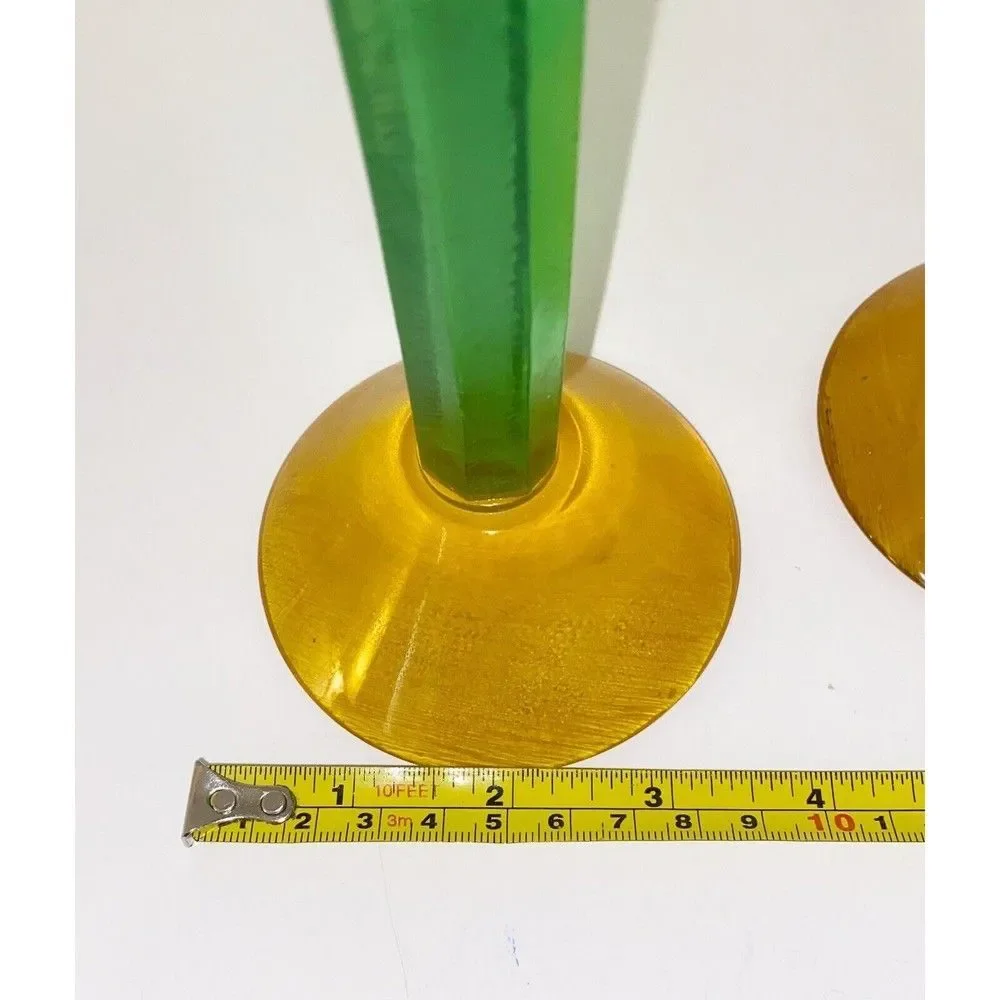 MCM Vintage Green and Yellow Tall Candlestick Holders Brushed Acrylic